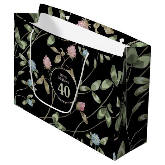 Verjaardag Romantisch Zwart Roze Klaver Bloemen Groot Cadeauzakje (Voorkant Gekanteld)