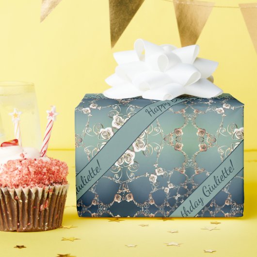 Verjaardag Romantische Rozen Blauw Cadeaupapier (Verjaardagsfeest)