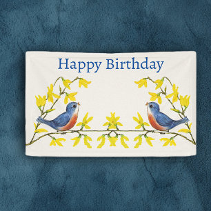 Verjaardag Rood Blauw Vogels Branches Geel Bloemen Spandoek