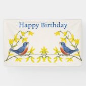 Verjaardag Rood Blauw Vogels Branches Geel Bloemen Spandoek (Horizontaal)