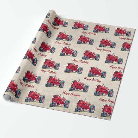 Verjaardag Rood Boerderij Tractor Wrapping Papier (Uitgerold)