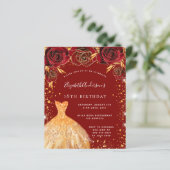 Verjaardag rood goud glitter jurk uitnodiging (Staand voorkant)