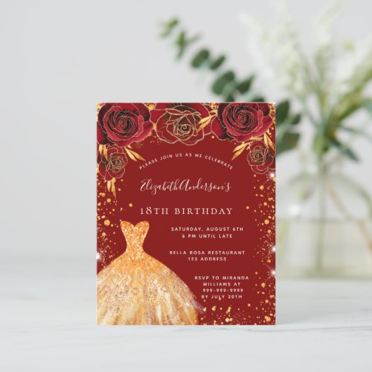 Verjaardag rood goud glitter jurk uitnodiging (Staand voorkant)