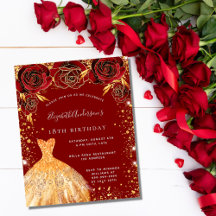 Verjaardag rood goud glitter jurk uitnodiging
