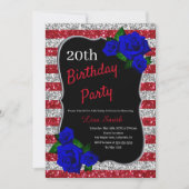 Verjaardag Rood Zilveren Strepen Glitter Diepblauw Kaart (Voorkant)