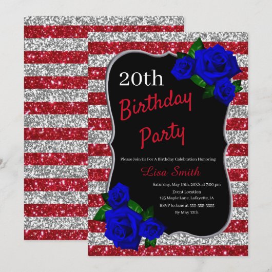 Verjaardag Rood Zilveren Strepen Glitter Diepblauw Kaart (Voorkant / Achterkant)