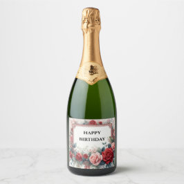 verjaardag roos frame champagne fles label sparkling wijnetiket
