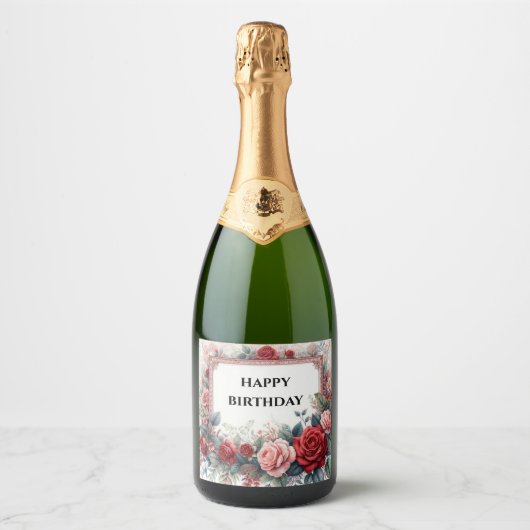 verjaardag roos frame champagne fles label sparkling wijnetiket (Voorkant)