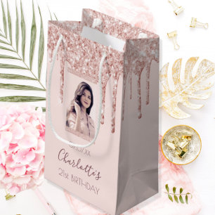 Verjaardag roos goud aangepaste foto roze medium cadeauzakje
