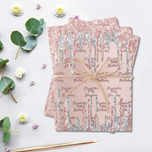 Verjaardag roos goud druppels roze zilveren naam inpakpapier vel