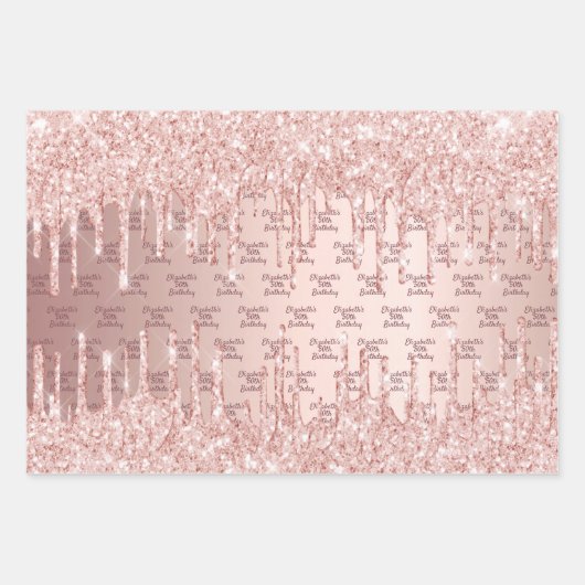 Verjaardag roos goud druppels roze zilveren naam inpakpapier vel (Voorkant 2)