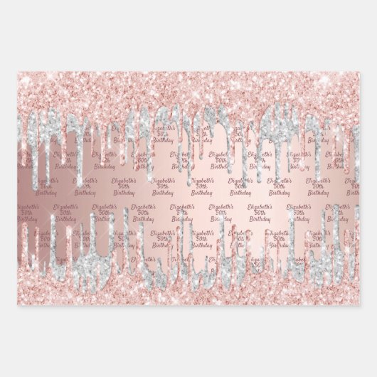 Verjaardag roos goud druppels roze zilveren naam inpakpapier vel (Voorkant)