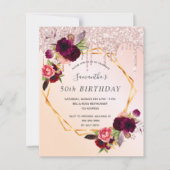 Verjaardag roos gouden bloemenbordeauxrode uitnodi (Voorkant)