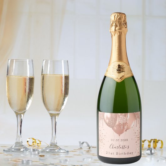 Verjaardag roos gouden blush roze ballonnen plezie sparkling wijnetiket