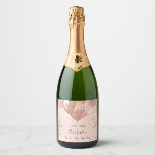 Verjaardag roos gouden blush roze ballonnen plezie sparkling wijnetiket (Voorkant)