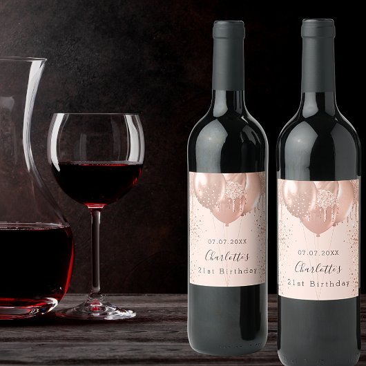 Verjaardag roos gouden blush roze ballonnen plezie wijn etiket