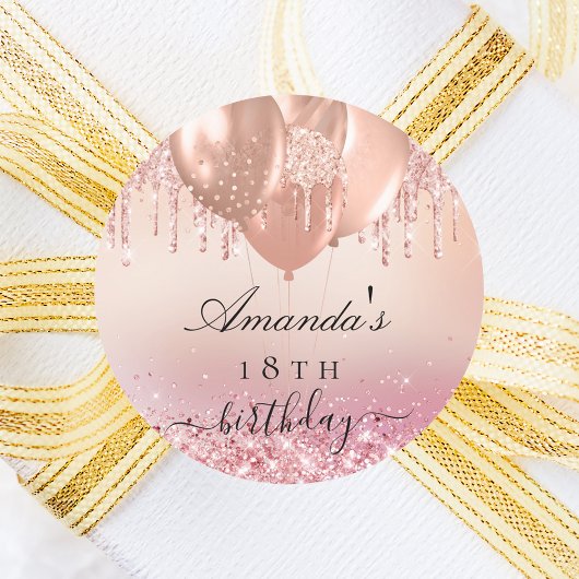 Verjaardag roos gouden blush roze naam ballon ronde sticker