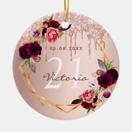 Verjaardag roos gouden bordeauxrode bloemen druipt keramisch ornament (Voorkant)