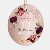 Verjaardag roos gouden bordeauxrode bloemen druipt keramisch ornament (Links)