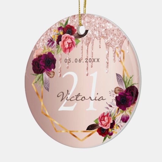 Verjaardag roos gouden bordeauxrode bloemen druipt keramisch ornament (Links)