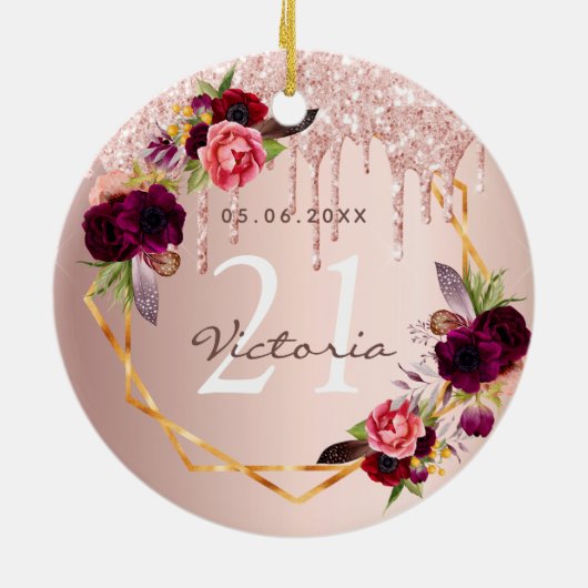 Verjaardag roos gouden bordeauxrode bloemen druipt keramisch ornament (Achterkant)