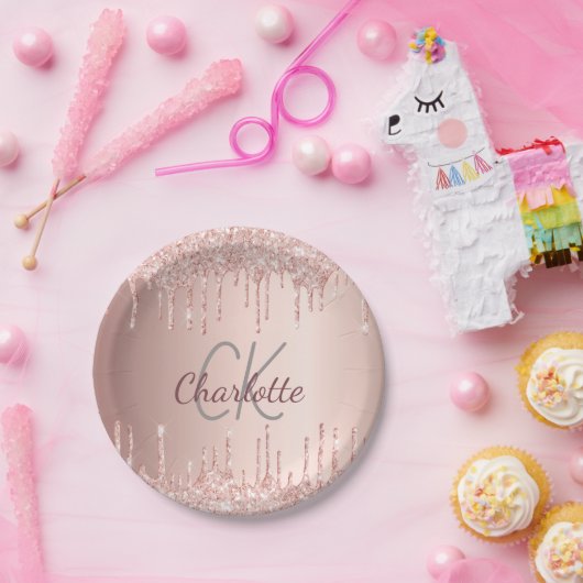 Verjaardag roos gouden druppels monogram luxe papieren bordje (Feest)