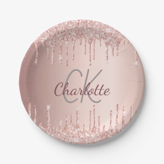 Verjaardag roos gouden druppels monogram luxe papieren bordje (Voorkant)