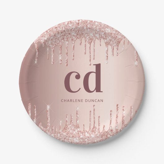 Verjaardag roos gouden druppels monogram papieren bordje (Voorkant)