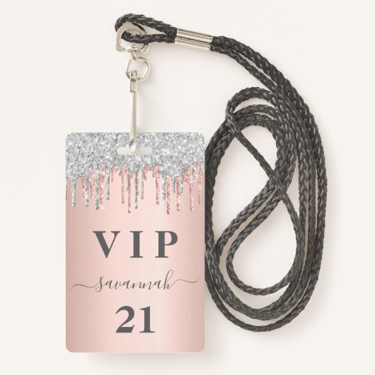 Verjaardag roos gouden druppels roze zilveren vip badge (Voorkant met draagriem)