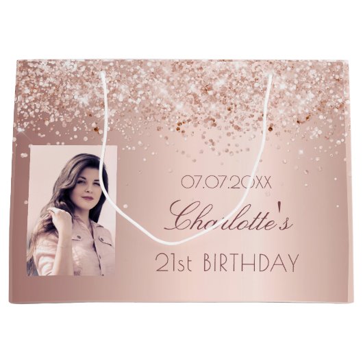 Verjaardag roos gouden foto groot cadeauzakje (Voorkant)