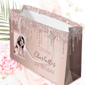 Verjaardag roos gouden foto roze druppels groot cadeauzakje