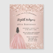 Verjaardag roos gouden glitter prinses jurk luxe magnetische uitnodiging (Voorkant)
