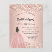 Verjaardag roos gouden glitter prinsessenjurk uitnodiging briefkaart (Voorkant)