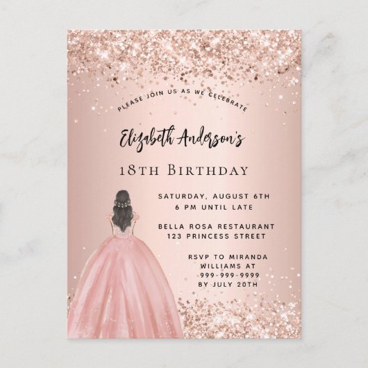 Verjaardag roos gouden glitter prinsessenjurk uitnodiging briefkaart (Voorkant)