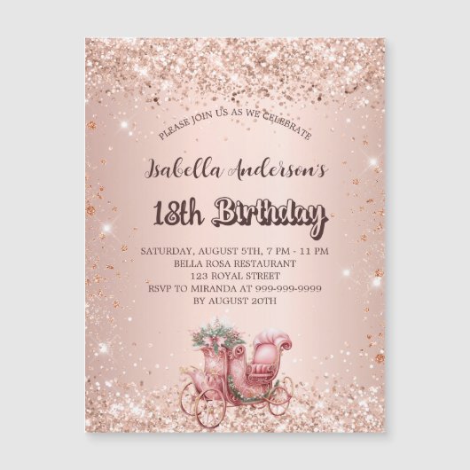 Verjaardag roos gouden koets luxe magnetische uitnodiging (Voorkant)