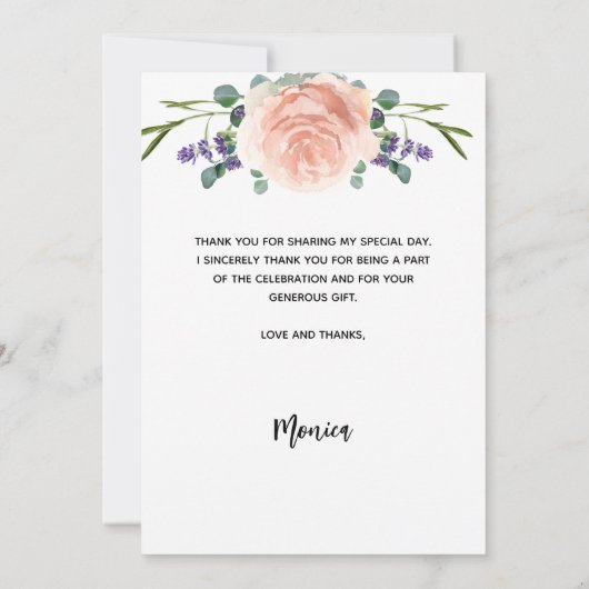 Verjaardag roos gouden lavendel foto dank u kaart (Achterkant)