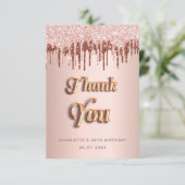 Verjaardag roos gouden roze druppels bedankkaart (Staand voorkant)