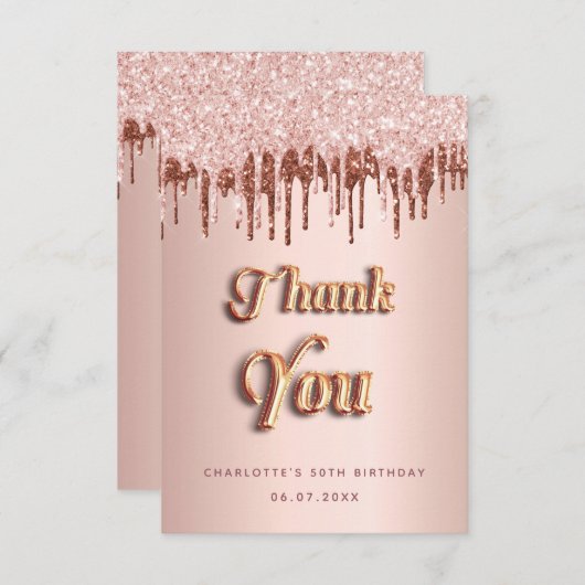 Verjaardag roos gouden roze druppels bedankkaart (Voorkant / Achterkant)