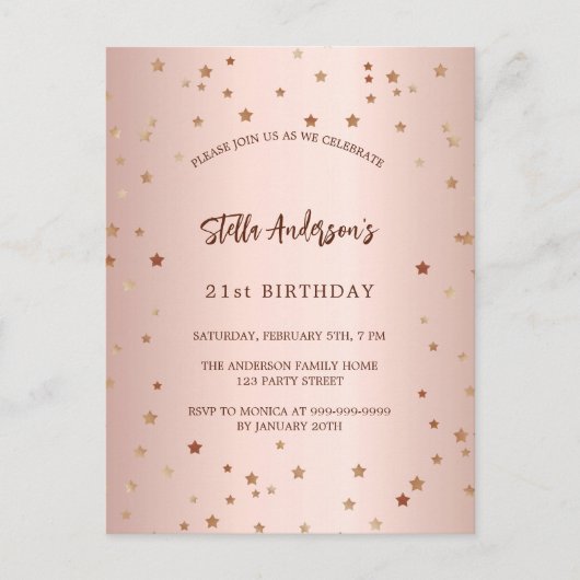 Verjaardag roos gouden sterren elegant eenvoudig f uitnodiging briefkaart (Voorkant)