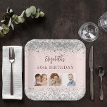 Verjaardag roos gouden zilveren confetti foto papieren bordje<br><div class="desc">Voor een meisjesachtig en glamoureus 50ste (of elke leeftijd) verjaardagsfeestje. Een rozen gouden gradiënt achtergrond versierd met faux silver confetti. De tekst: De naam is geschreven in donker roos goud met een groot modern handgeschreven stijlschrift. Personaliseer en voeg naam, leeftijd 50 en 3 van uw eigen foto's van het verjaardagsmeisje,...</div>