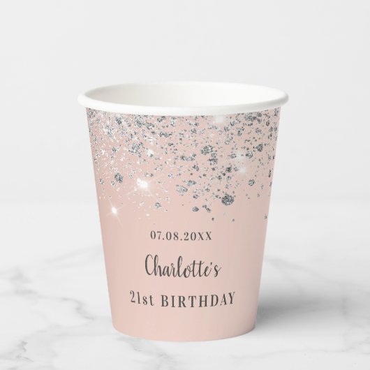 Verjaardag roos gouden zilveren glitter naam papieren bekers (Voorkant)