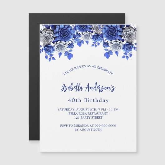 Verjaardag royal blauw wit bloemen luxe magnetische uitnodiging (Voorkant / Achterkant)