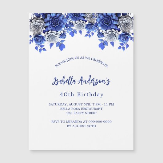 Verjaardag royal blauw wit bloemen luxe magnetische uitnodiging (Voorkant)