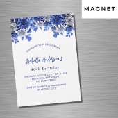 Verjaardag royal blauw wit bloemen luxe magnetische uitnodiging