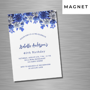 Verjaardag royal blauw wit bloemen luxe magnetische uitnodiging