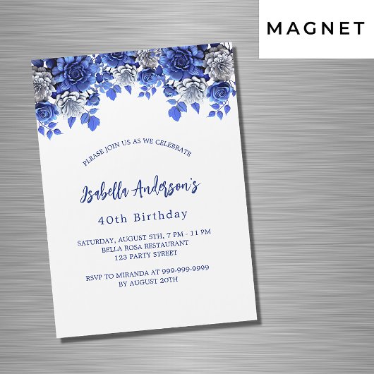 Verjaardag royal blauw wit bloemen luxe magnetische uitnodiging