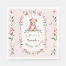 Verjaardag Roze Bloemen Fantasieën & Teddy Bear Kn Servet