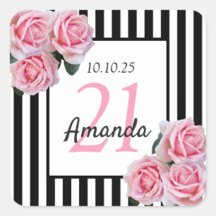 Verjaardag roze bloemen zwart witte strepen vierkante sticker