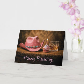 Verjaardag Roze Cowgirl Hoed Cupcake Whiskey Humor Kaart