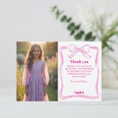Verjaardag roze foto meisje boog wit bedankkaart (Staand voorkant)